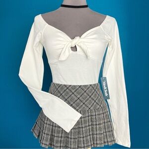 ModCloth Long Sleeve Bodysuit Top w/ Key Hole Tie Front in White Size Small